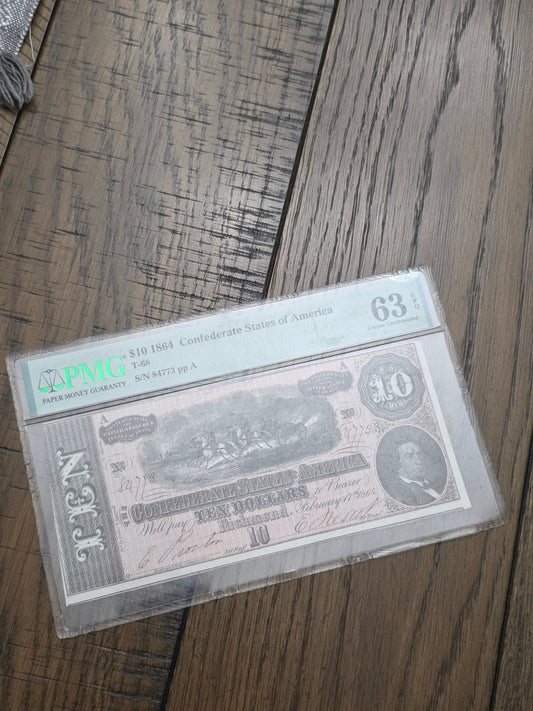 1864 $10 Confederate States of America 63 Choice Uncirculated PMG EPQ T-68