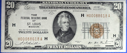 1929 $20 Federal Reserve Bank Note Saint Louis Missouri AU