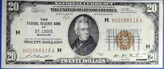 1929 $20 Federal Reserve Bank Note Saint Louis Missouri AU