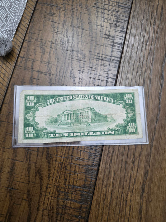 1928 B series $10 FRN Redeemable in Gold Light Green Ink VG