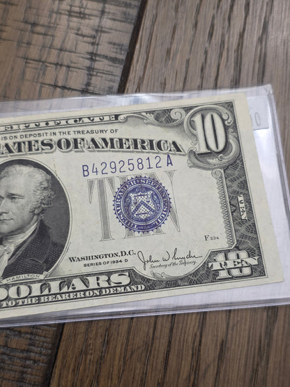 1934 D Series $10 Dollar Blue Seal Silver Certificate Uncirculated Condition