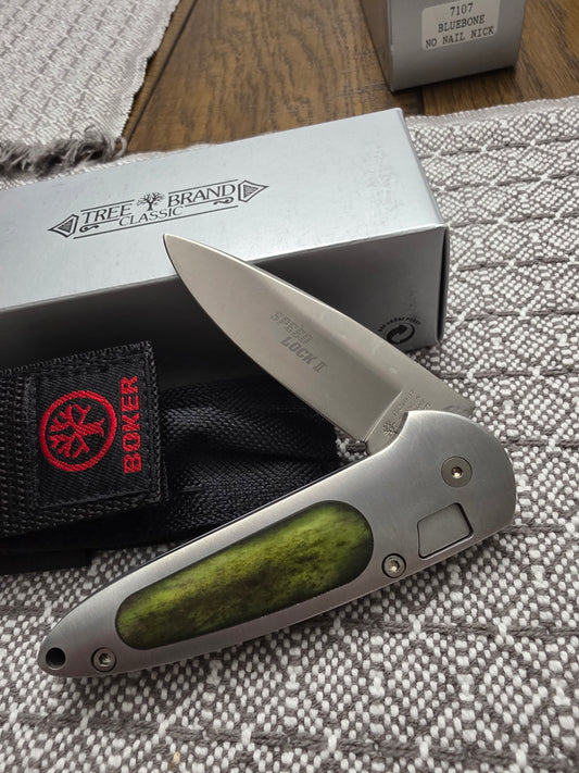 Boker Speed Lock II Treebrand Classic Manual - No Nail Knick - Green bone 7107GR