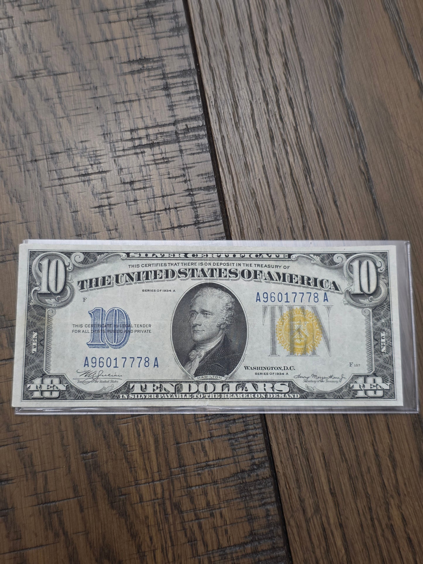 1934 Series A $10 Yellow Seal Silver Certificate in AU Condition US-Note