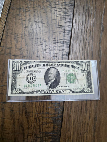 1928 B series $10 FRN Redeemable in Gold Light Green Ink VG