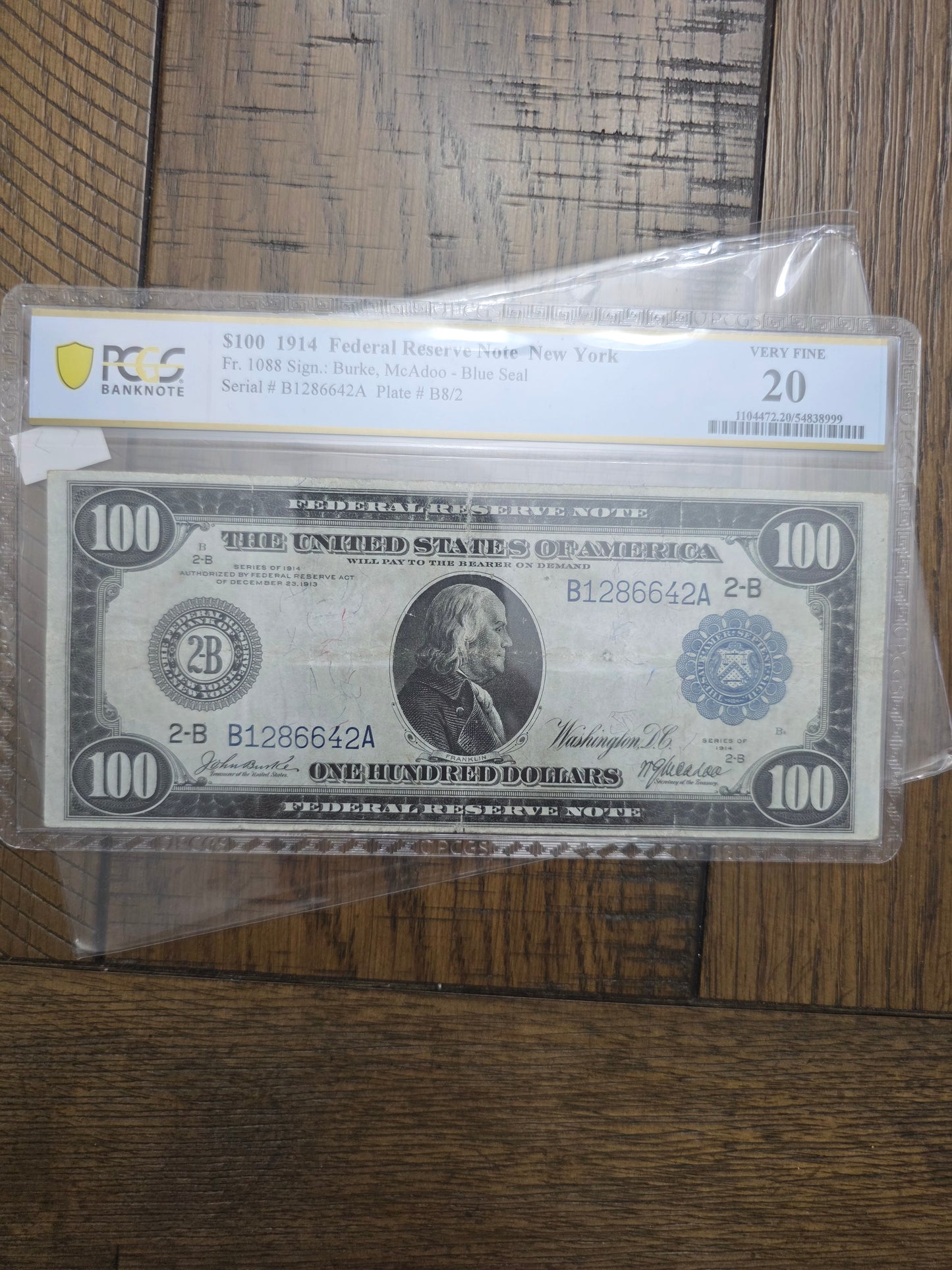 1914 $100 Federal Reserve Note New York VF 20 PCGS Grade