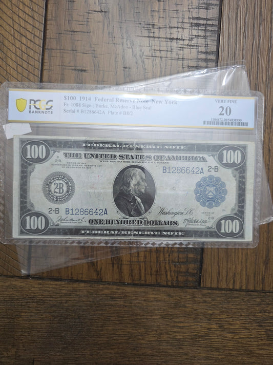 1914 $100 Federal Reserve Note New York VF 20 PCGS Grade