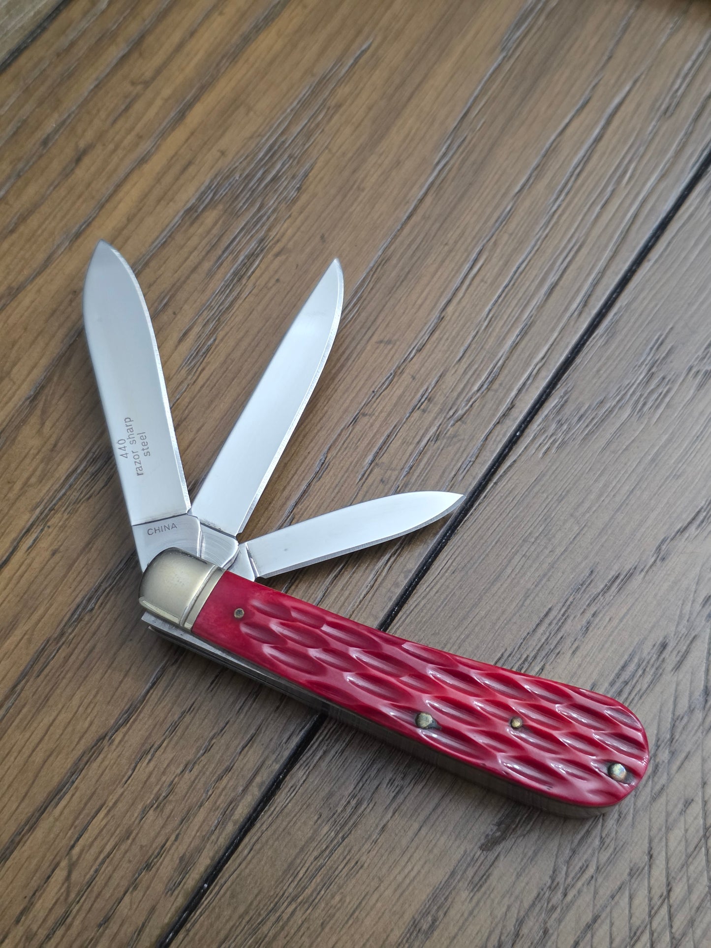 Rough Rider 3 Blade Mini Trapper Red Jig Bone 1st Gen Horseshoe Shield RR430