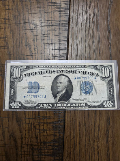 1934 $10 Blue Seal Silver Certificate Star Note Good Serial Number VG
