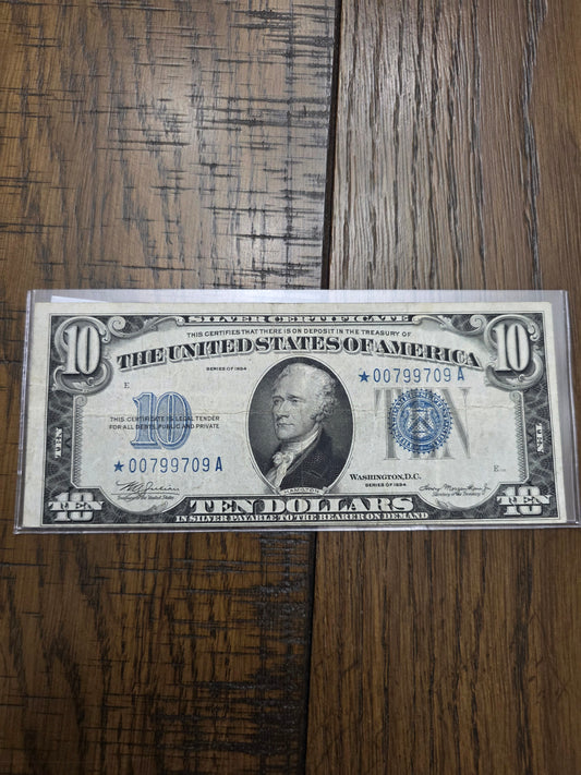 1934 $10 Blue Seal Silver Certificate Star Note Good Serial Number VG